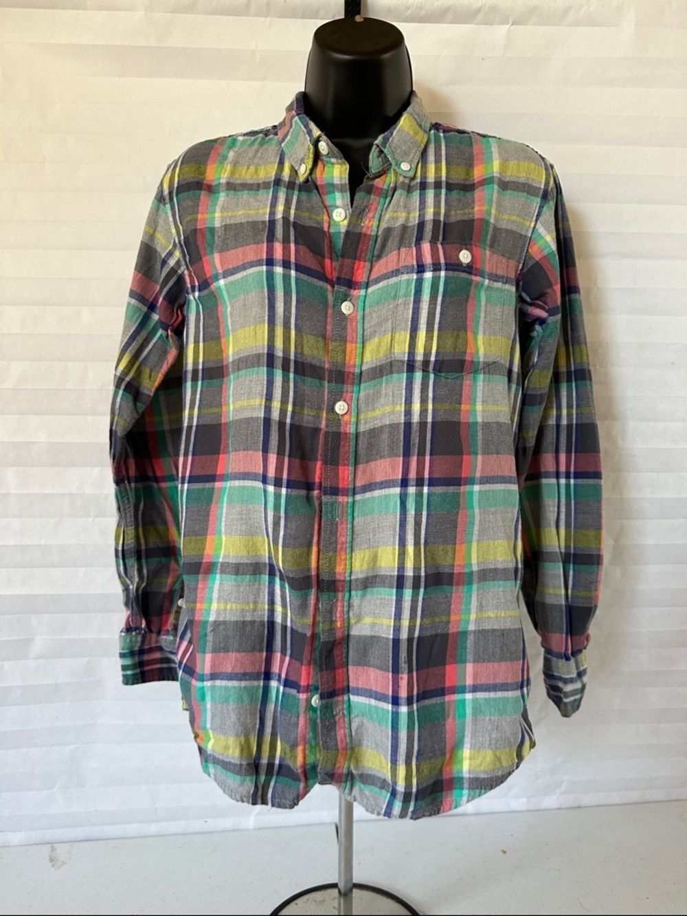 Old Navy Girls Multicolor Plaid Button Down Shirt Teal Pink Yellow Navy Size XL